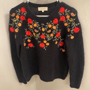 Sezane Black and Red Crew Neck Sweater with Floral Embroidery
